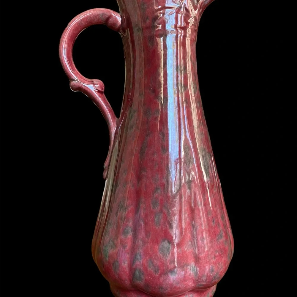 Vintage California Pottery Pitcher Vase Drip Glaze Maroon Red Green 10